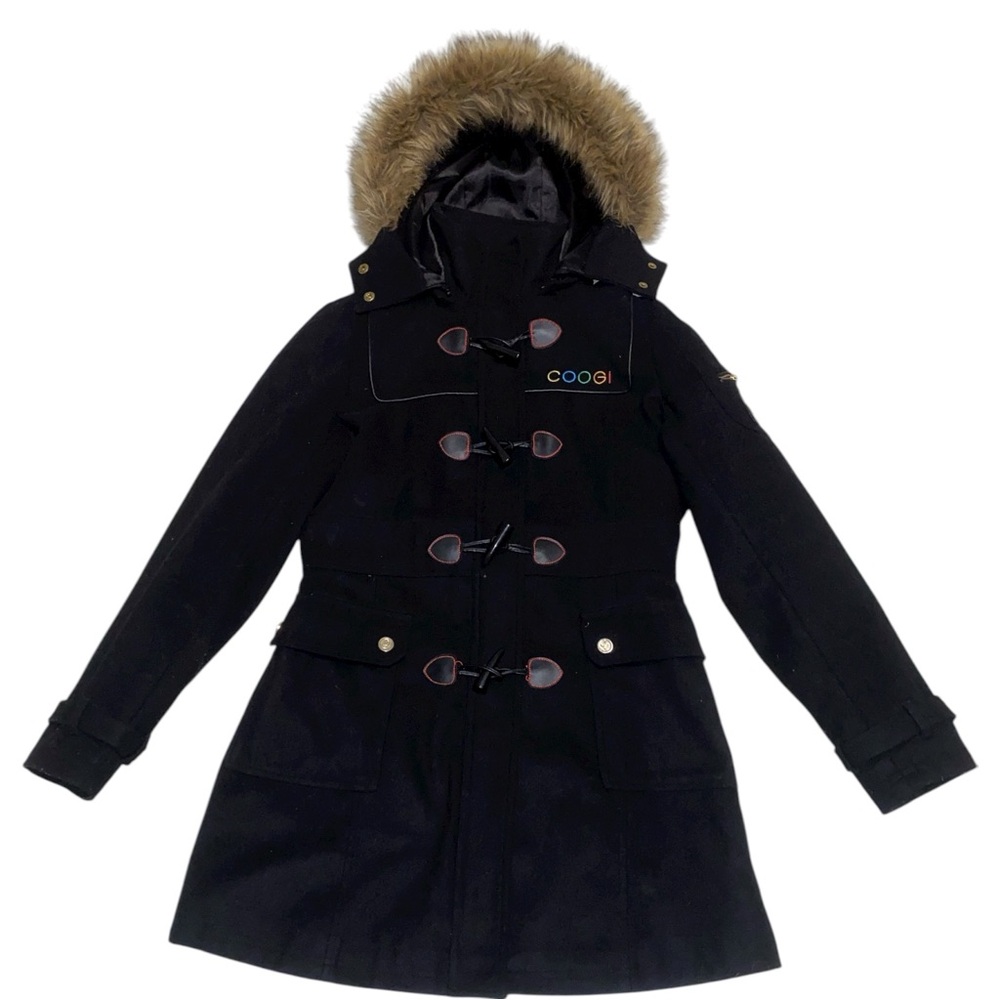 COOGI Women's Size Medium Peacoat Toggled Black Coat Jacket Wool Blend Faux Fur
